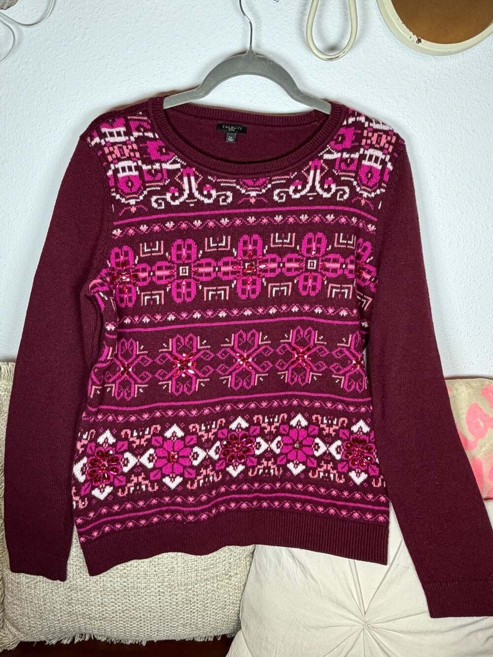 NWT Talbots Maroon Pink Fair Isle Lambswool Beaded Jewel Sweater Size S